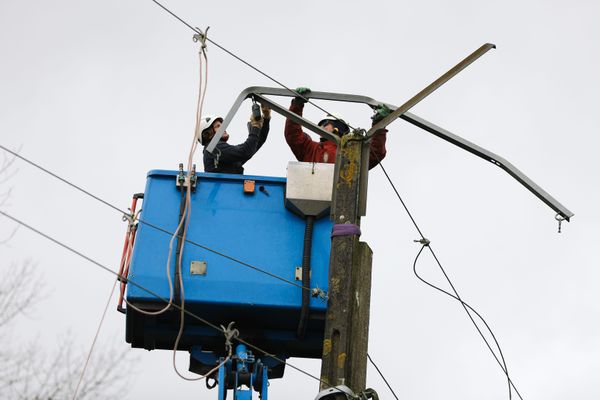 Une équipe d'Enedis dégagent des branches tombées sur une ligne à haute tension.