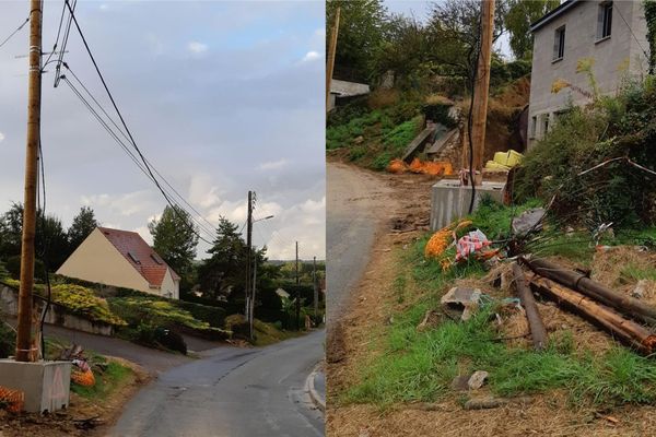 Les poteaux téléphoniques endommagés à l'origine de la coupure de téléphone et d'internet rue de la Colline à Balagny-sur-Thérain dans l'Oise - Mardi 24 septembre 2019