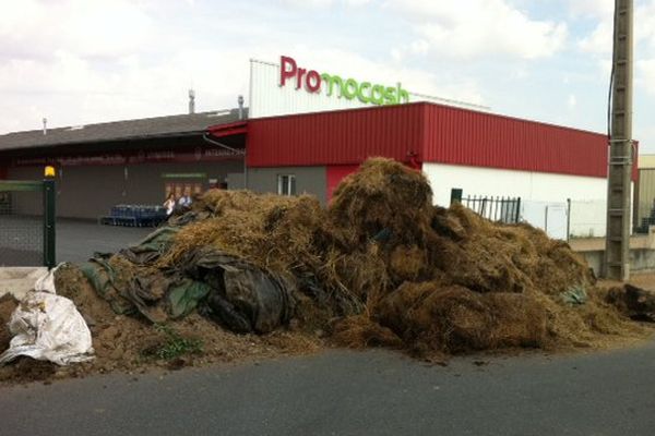 Dans l'Allier, la journée de mobilisation s'est terminée par un déversement de fumier devant le magasin Promocash de Montluçon.