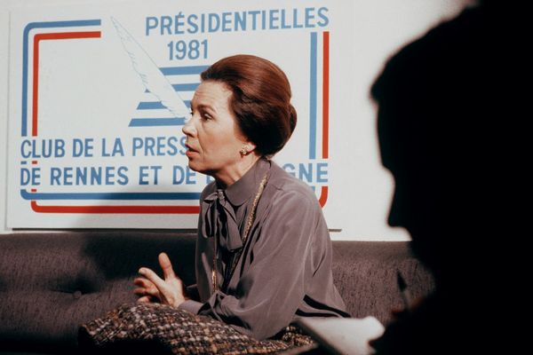 Marie-France Garaud, ici en 1980 à Rennes, lors de la campagne pour les élections présidentielles de 1981.