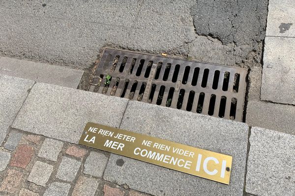 "Ne rien jeter : la mer commence ici", signale une plaque d'égout installée dans une ville côtière française.