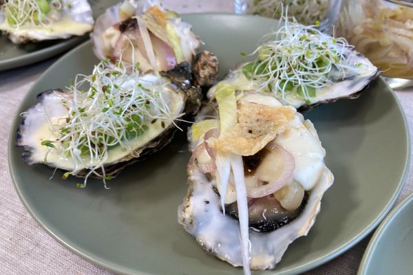 Duo chaud-froid composé d’une huître vitaminée au kiwi et d’une huître d’hiver aux endives et aux truffes.