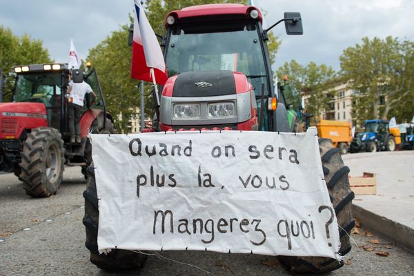 Un slogan affiché par un agriculteur sur son tracteur lors d'une manifestation : "Quand on sera plus là, vous mangerez quoi ?" 