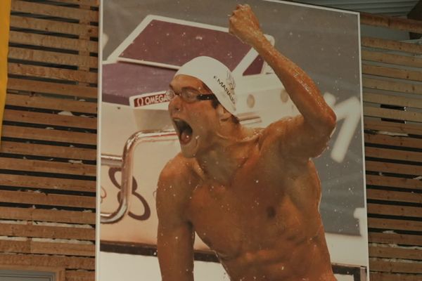 Au Ambérieux Natation, une photo géante de Florent Manaudou, ex-licencié au club, surplombe le bassin d'entraînement.