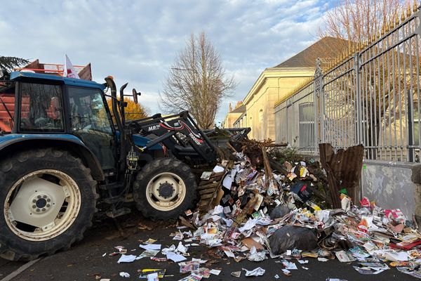 Au Mans, des agriculteurs en colère ont déversé des papiers et une souche d'arbre  et du bois devant les administrations pour illustrer leur ras-le-bol des normes environnementales et de la paperasse.