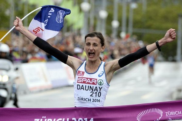 Christelle Daunay à son arrivée du marathon à Zurich.