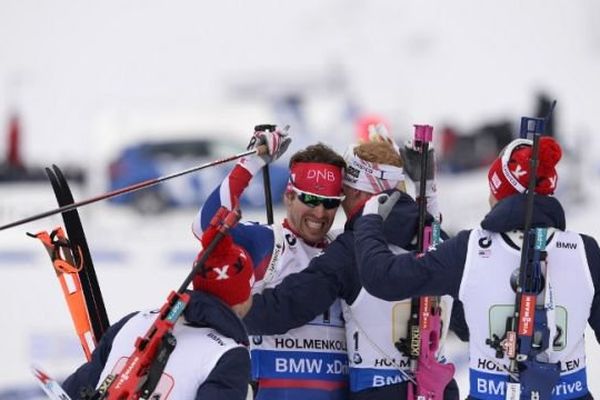 La joie des Norvégiens après leur victoire dans le relais messieurs, ce 12 mars, à Oslo.