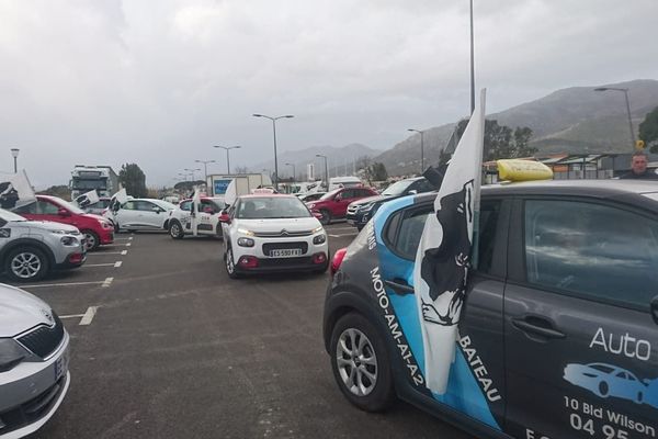 Une vingtaine de voiture d'auto-école s'est réunie pour manifester sur le parking furiani, lundi 11 février 2019.