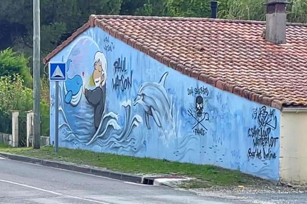 La fresque a été reproduite sur une maison de Gaillan-Médoc, qui longe une départementale très fréquentée.