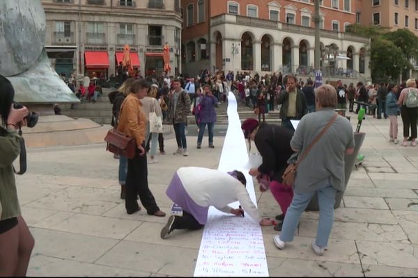 Près de 500 personnes étaient rassemblées sur la place Louis Pradel à Lyon lundi 9 septembre. Sur une longue banderole, les noms des 102 femmes tuées depuis le début de l'année.