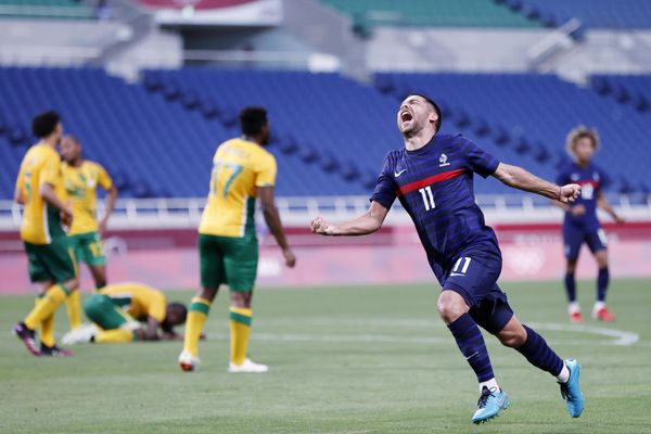 Tokyo (Japon) - le joueur de Montpellier heureux d'avoir marqué un but contre l'Afrique du Sud - 25 juillet 2021.