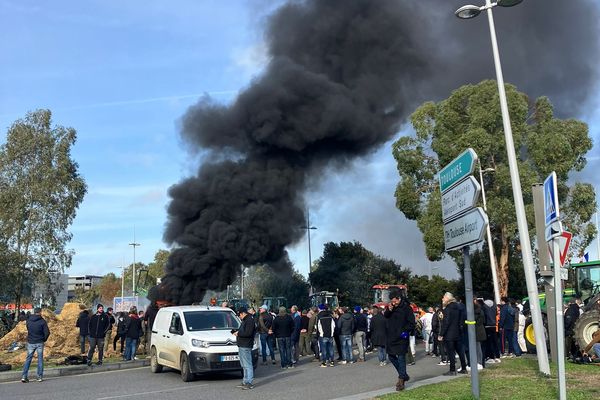 Mardi 30 janvier 2024, les agriculteurs ont commencé à mettre le feu devant l'aéroport de Toulouse-Blagnac à des bottes de paille.