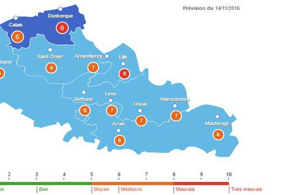 Carte de prévisions de la pollution dans le Nord-Pas-de-Calais, ce lundi.