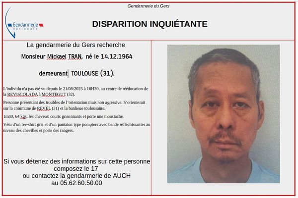 La gendarmerie du Gers lance mardi 22 août un appel à témoins suite à la disparition jugée inquiétante de Mickael Tran, un homme âgé de 58 ans.