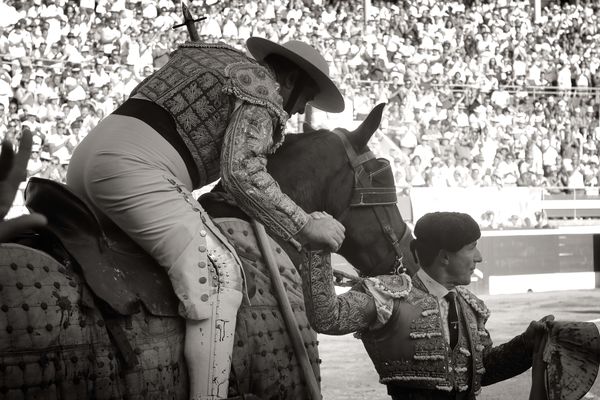 Rafaelillo et son picador Juan-José Esquivel se serrent la main à l'issue d'un fabuleux tercio de piques au 4 ème toro de Cebada Gago