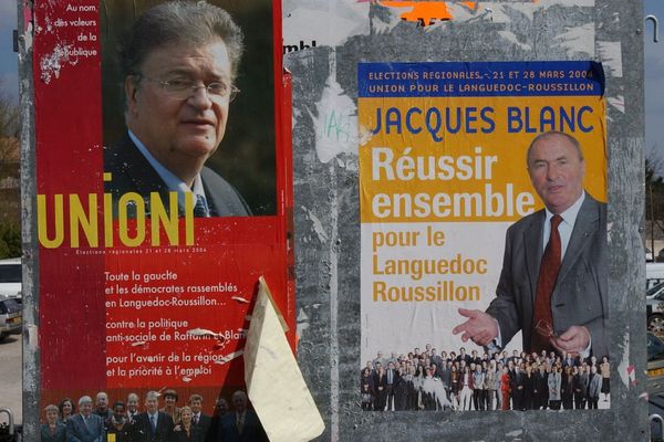 Lutte politique par panneaux électoraux interposés entre Georges Frêche et Jacques Blanc lors des régionales de 2004
