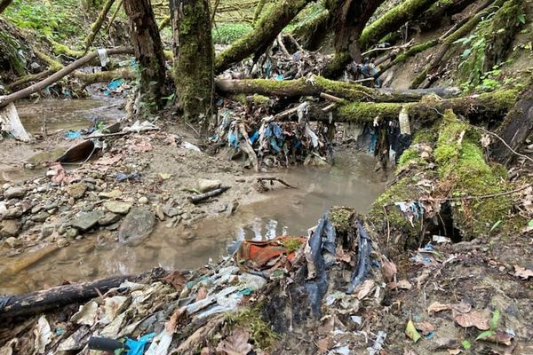 De nombreux détritus se déversent dans le ruisseau du Raffarey, à Seyssel (Haute-Savoie), depuis la fermeture d'une déchetterie en 1989.