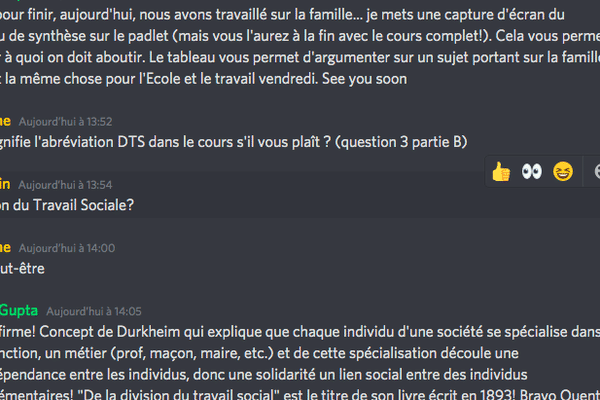 L'application Discord, utilisée habituellement par les adeptes de jeux vidéos en ligne pour communiquer entre eux pendant les parties, aide à reproduire une salle de classe virtuelle.