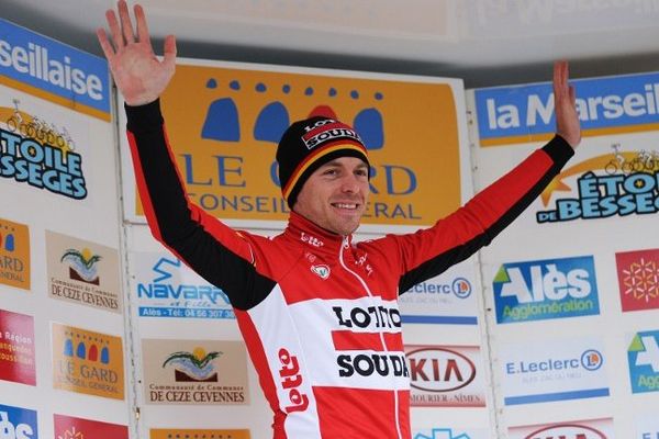 Le Belge Kris Boeckmans (Lotto-Soudal) célèbre sa victoire lors de la 1ère étape de l'Etoile de Bessèges - 4 février 2014