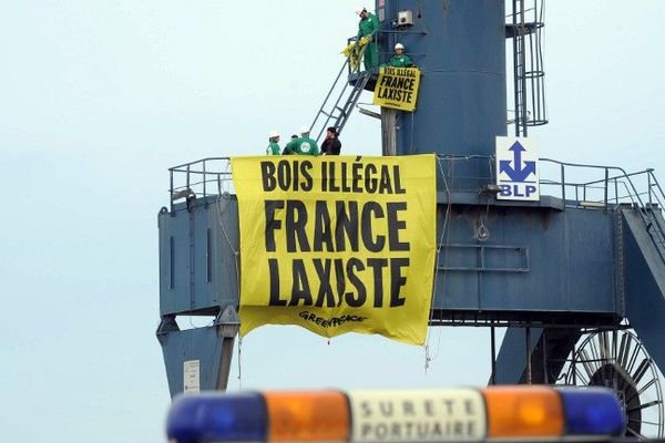 Port de la Pallice le 23/06/2014 : des militants de Greenpeace grimpent sur des grues pour empêcher le débarquement de bois qu'ils jugent "illégaux" 