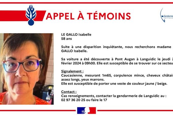 La gendarmerie du Morbihan a lancé un appel à témoins pour disparition inquiétante pour retrouver cette quinquagénaire qui n'a plus donné de signe de vie depuis le 29 février.