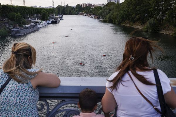 Des personnes nageant dans la Seine au niveau de l'Île-Saint-Denis le 2 juillet 2023.