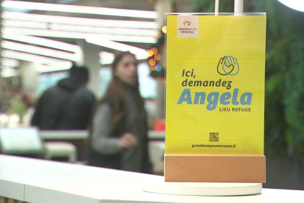 Le panneau "Demandez Angela" indique que l'hypermarché d'Echirolles fait partie du réseau de lieu refuge pour les victimes de harcèlement. L'initiative a vu le jour au Royaume-Uni en 2016.