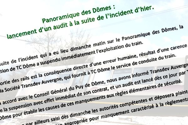 Au lendemain du déraillement du Panoramique des Dômes, TC Dôme et le Conseil Général du Puy-de-Dôme ont décidé de suspendre le contrat de Transdev, la société qui fournit le service de conduite du train.