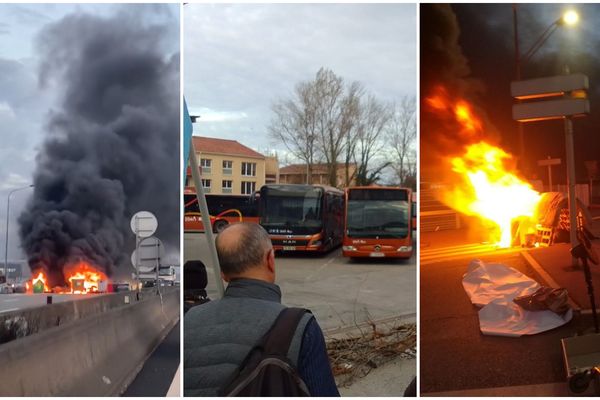 Feu sur la rocade de Toulouse (Haute-Garonne), Bus bloqués à Albi (au centre), barrages sur les ronds-points près des dépôts de Tisséo (à droite).