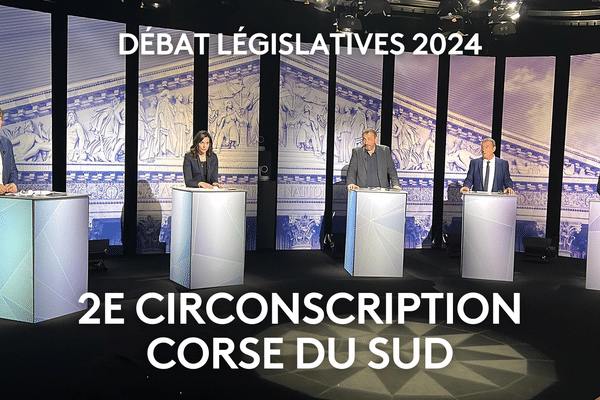 Débat entre les 5 des 6 candidats en lice dans la 2e circonscription de Corse du Sud : Jean-Baptiste Luccioni (Nouveau Front Populaire), Valérie Bozzi (Divers Droite), Paul-André Colombani (Partitu di a Nazione Corsa), François Filoni (Rassemblement National) et Michel Chiocca (Mossa Palatina)