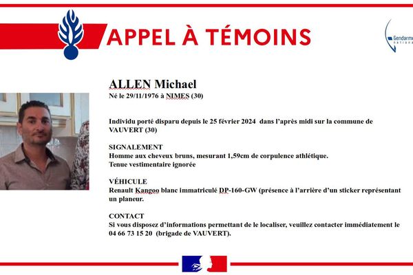 Les gendarmes lancent un appel à témoins pour retrouver Michael Allen, porté disparu depuis le 25 février.