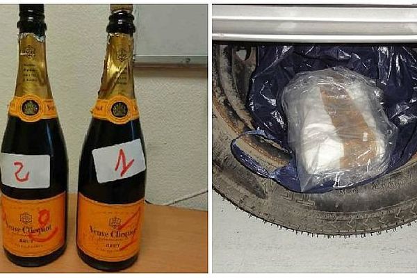 Les douaniers ont saisi de l’ecstasy sous forme liquide dans deux bouteilles de champagne, ainsi qu’un kilo d’amphétamines sdissimulé dans un pneu sur l'A31 en juin 2014