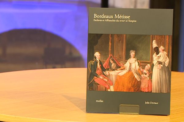 La couverture du livre "Bordeaux métisse : esclaves et affranchis du XVIIIe siècle à l'Empire" représentant le portrait de Choiseul-Meuse et de sa famille à la Martinique.