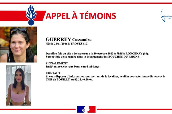 La gendarmerie de l'Aube lance un appel à témoins mercredi 11 octobre 2023 suite à la disparition de Cassandra Guerrey.