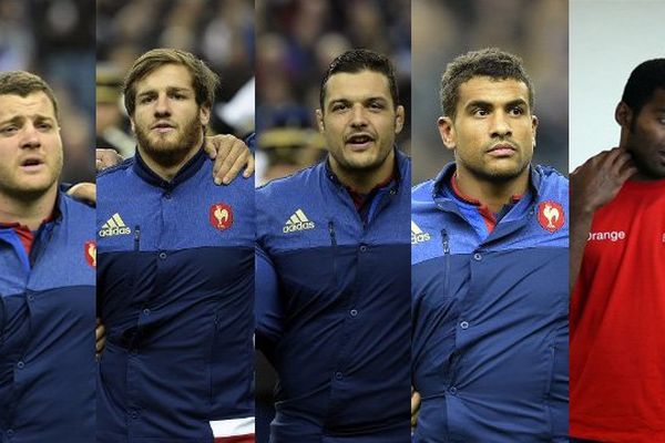 De gauche à droite,les Clermontois, Benjamin Kayser, Camille Lopez, Damien Chouly, Wesley Fofana et Noa Nakaitaci intègrent le groupe XV de France pour le Tournois des VI Nations le 15/01/2015