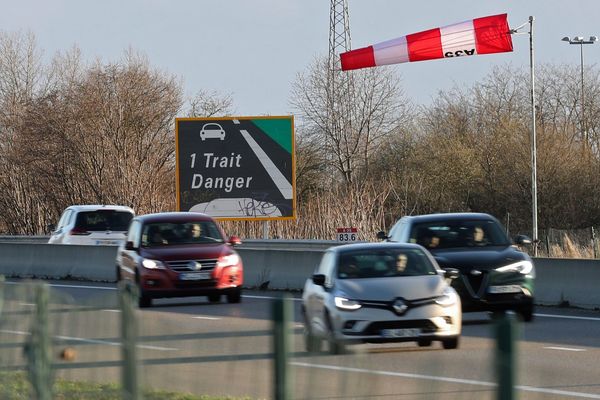 Dimanche 10 mars dans le Haut-Rhin, une manche à air indique aux automobilistes un vent violent sur l'autoroute A 35 dans la plaine d'Alsace.