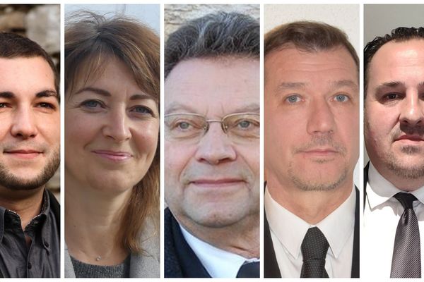 Les candidats à la mairie de Mandeure: Julien Ceccarelli, Sandra Ramalho, Jean-Pierre Hocquet, Patrick Alin et Stéphane Podgora