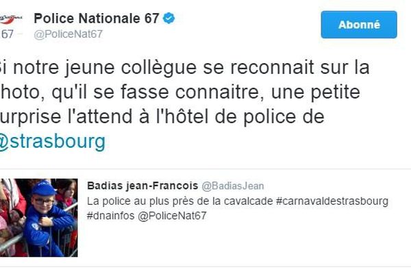 Sur twitter, la police du Bas-Rhin a lancé un appel et réserve une surprise à sa plus jeune recrue.