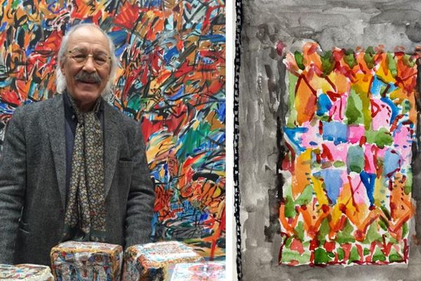 Mahjoub Ben Bella dans son atelier, 2018 / Dernière œuvre de Mahjoub, 2 juin 2020