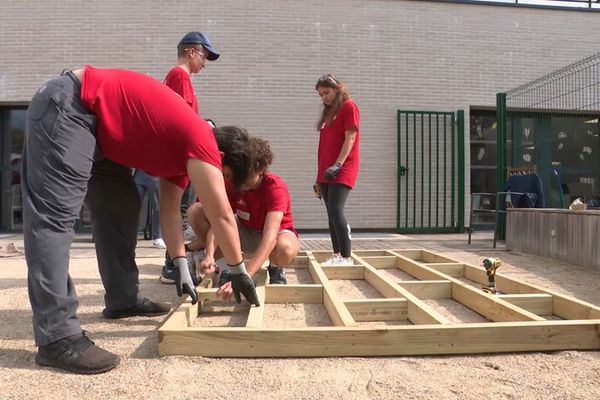 Plusieurs étudiants tentent de construire un sol stable et droit