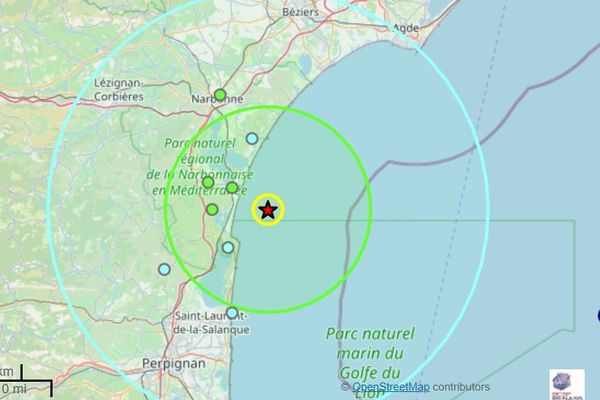 L'épicentre du séisme d'une magnitude de 3,8 sur l'échelle de Richter a été localisé en mer à 16 kilomètres au sud-est de Narbonne.