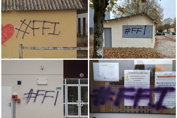 L’inscription #FFI a été retrouvée sur des bâtiments communaux de Latillé (en haut) et de Vouillé (en bas).