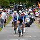 Paul Lapeira, en tête du groupe d'échappés qu'il règlera au sprint pour s'adjuger le championnat de France à Saint-Martin-de-Landelles, le 23 juin 2024.