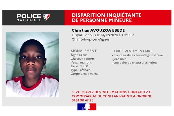 La police nationale lance un appel à témoins après la dispartion de Christian, un mineur de 13 ans.