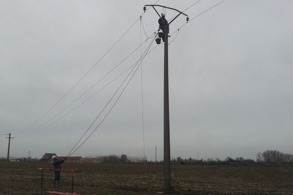 Des techniciens d'ERDF rétablissent une ligne à moyenne tension, dimanche, à Herzeele (Nord).