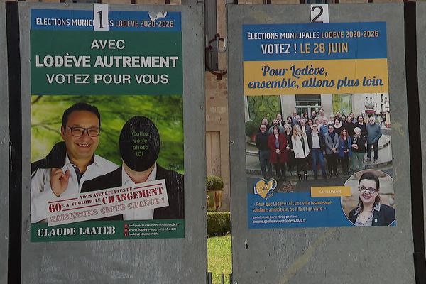 Un panneau électoral pour le second tour des municipales 2020 à Lodève. Une triangulaire a opposé Gaëlle Lévêque (DVG), Claude Laateb (DVD) et Gérard Maurin (RN) dimanche 28 juin.