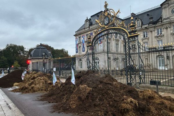 Plusieurs remorques de fumier ont été déversées devant les grilles de la préfecture de l'Aube à Troyes, ce 2 octobre.