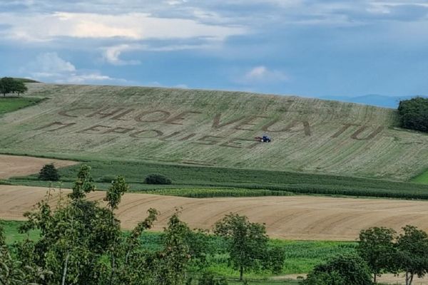 Le message a été inscrit à l'aide d'un tracteur dans un champ.