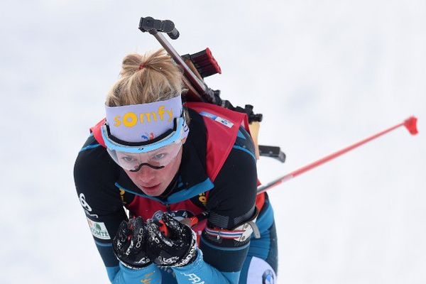 Marie Dorin Habert durant la poursuite, ce dimanche 15 janvier 2017 à Ruhpolding, dans le sud de l'Allemagne.
