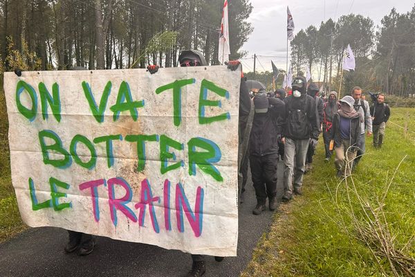 Un cortège de manifestants anti LGV parcours la forêt des Landes de Gasgogne dans le secteur de Lerm-et-Musset et de Bernos- Beaulac, deux petites communes du sud Gironde qui seront très impactées par le tracé des LGV Bordeaux-Toulouse et Bordeaux-Dax.